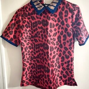 Scotch & Soda Red Leopard Print Satin Top with Blue Glitter Collar